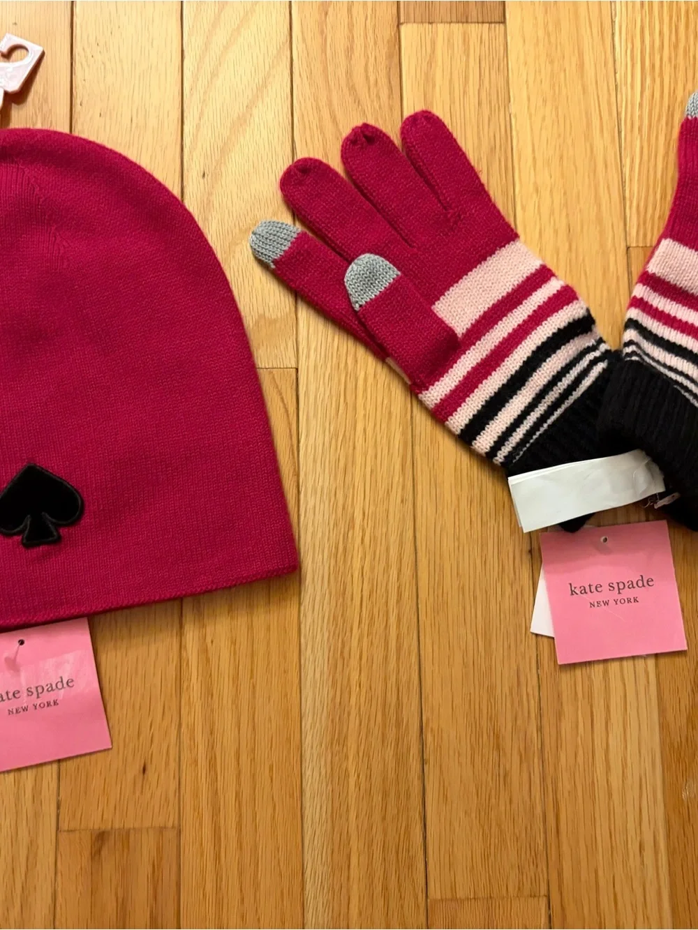 kate spade Hot Pink Beanie with Striped Touchscreen Gloves